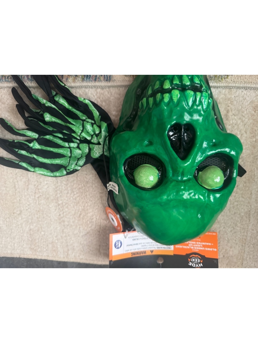 Hyde & Eek! Glowing Green Skull Halloween Mask with Skeletal Hands - New with T